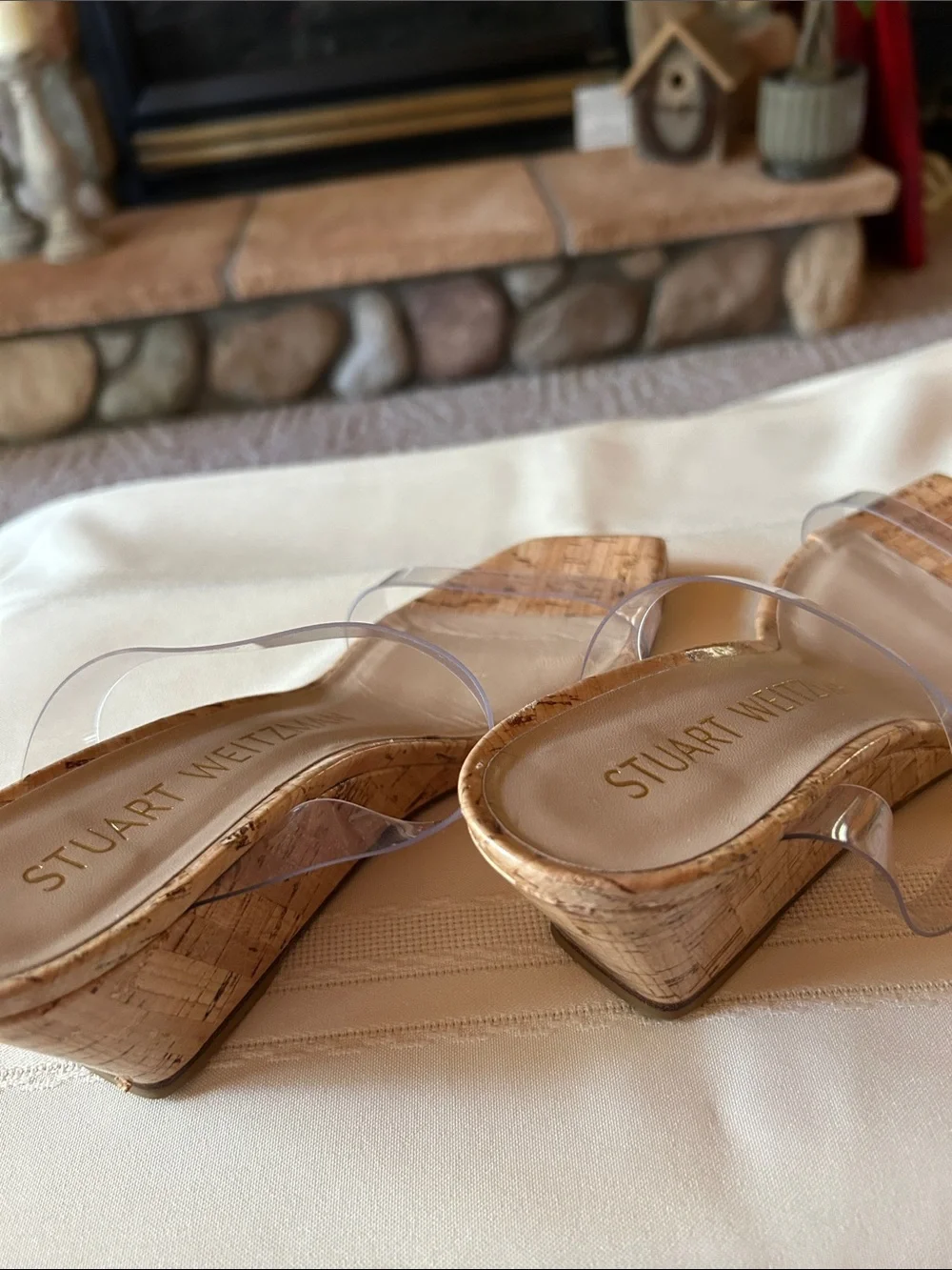Stuart Weitzman Clear Strap Cork Wedge Sandals - Beige/Cork, Size 7